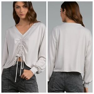 Elan Top Womens size Medium pull string V Neck Gray Stone pullover New